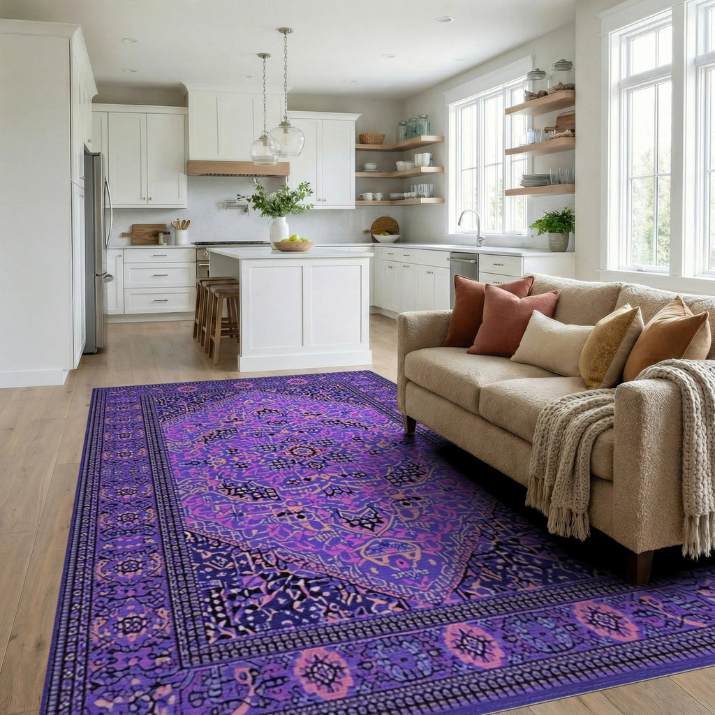 Vibrant Purple Geometric Medallion Rug - Living Room View