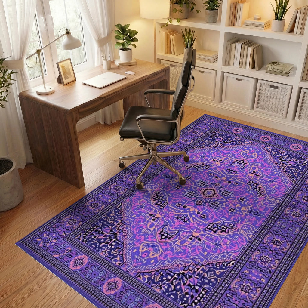 Vibrant Purple Geometric Medallion Rug - Office View