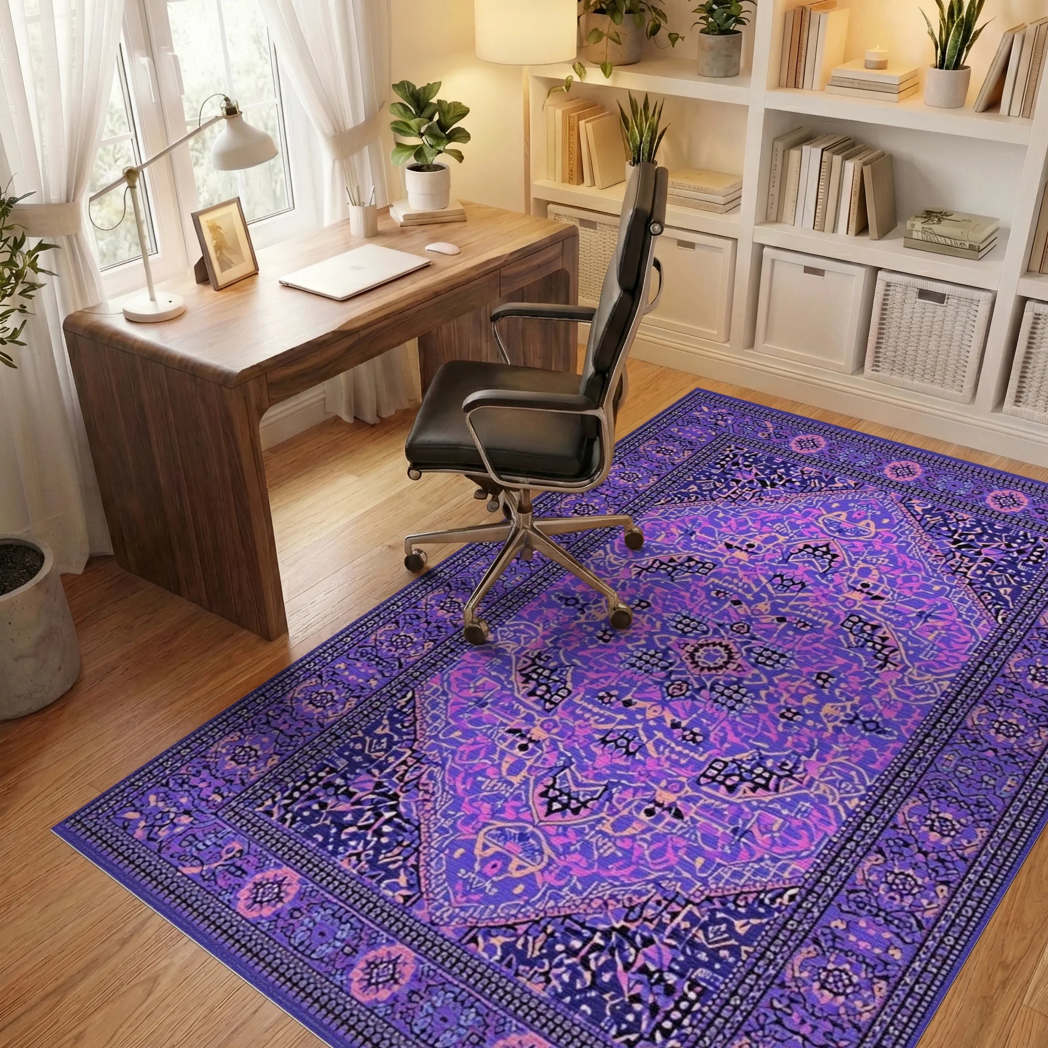 Vibrant Purple Geometric Medallion Rug - Office View