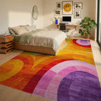 Vibrant Rainbow Arc Geometric Pattern Rug - Bedroom View