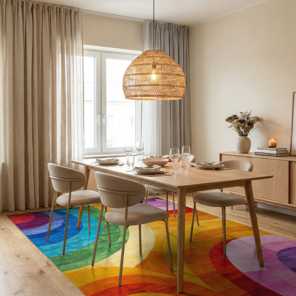 Vibrant Rainbow Arc Geometric Pattern Rug - Dining Room View