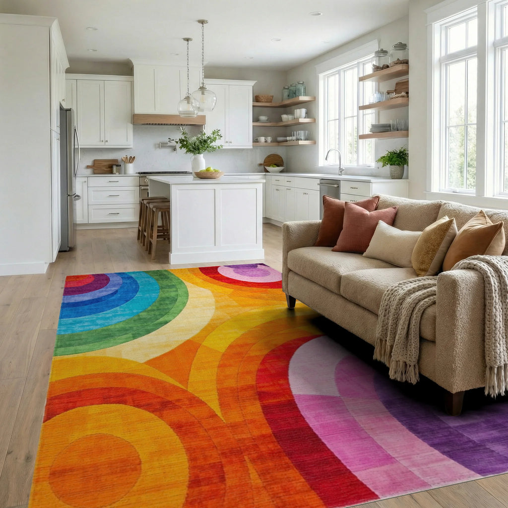 Vibrant Rainbow Arc Geometric Pattern Rug - Living Room View