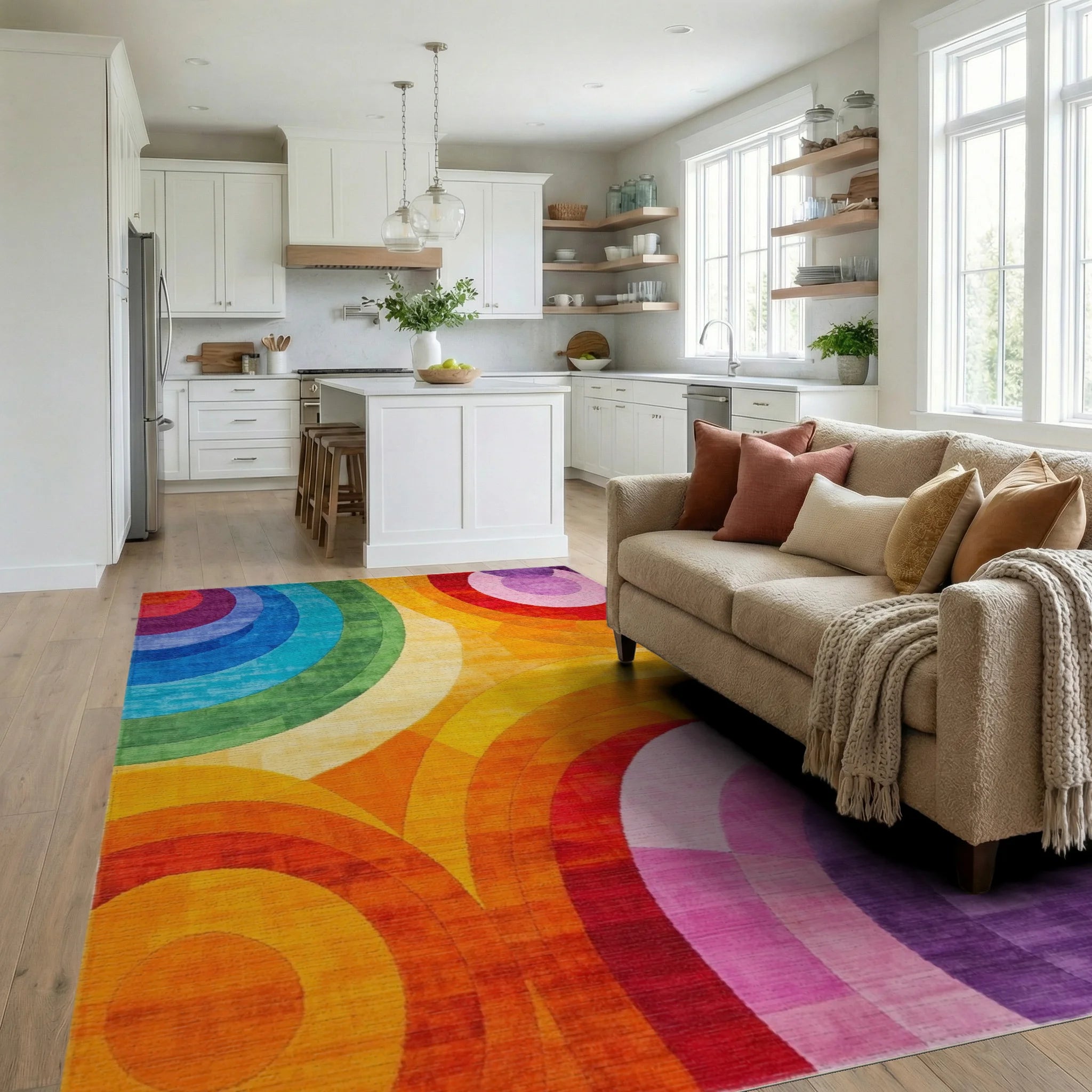 Vibrant Rainbow Arc Geometric Pattern Rug - Living Room View