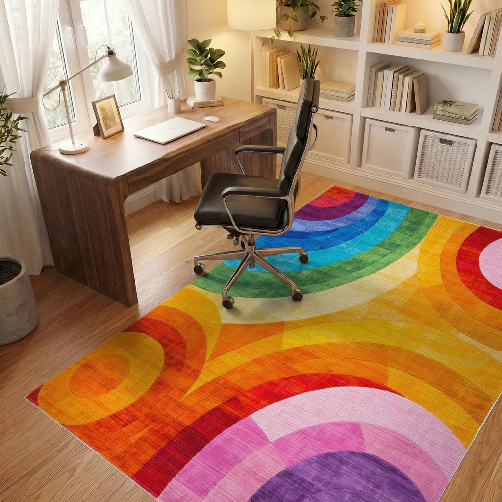 Vibrant Rainbow Arc Geometric Pattern Rug - Office View