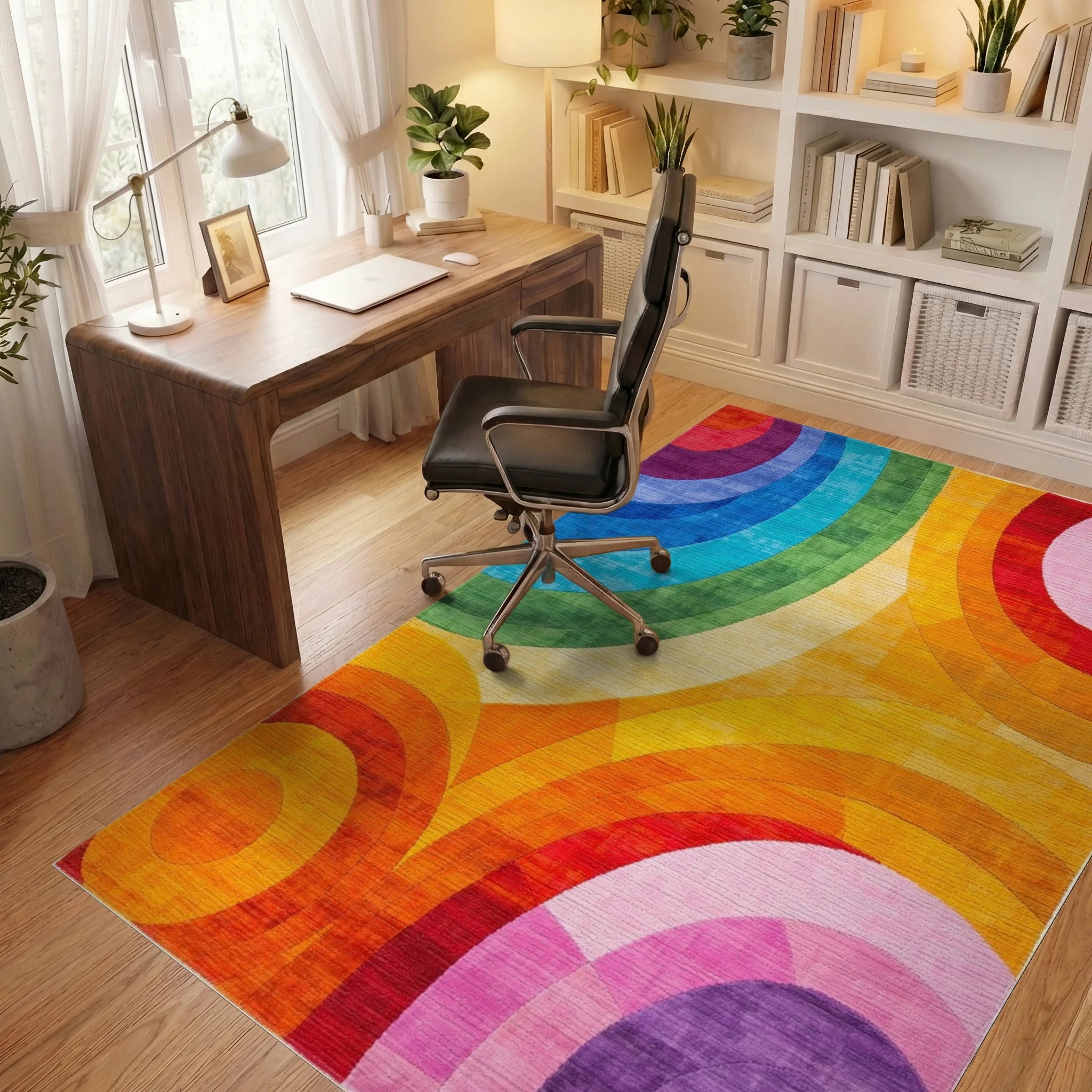 Vibrant Rainbow Arc Geometric Pattern Rug - Office View