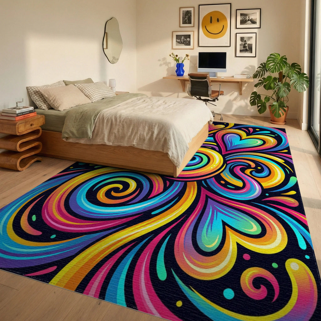Vibrant Rainbow Swirl Hearts Rug Bedroom View