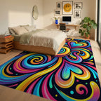 Vibrant Rainbow Swirl Hearts Rug Bedroom View