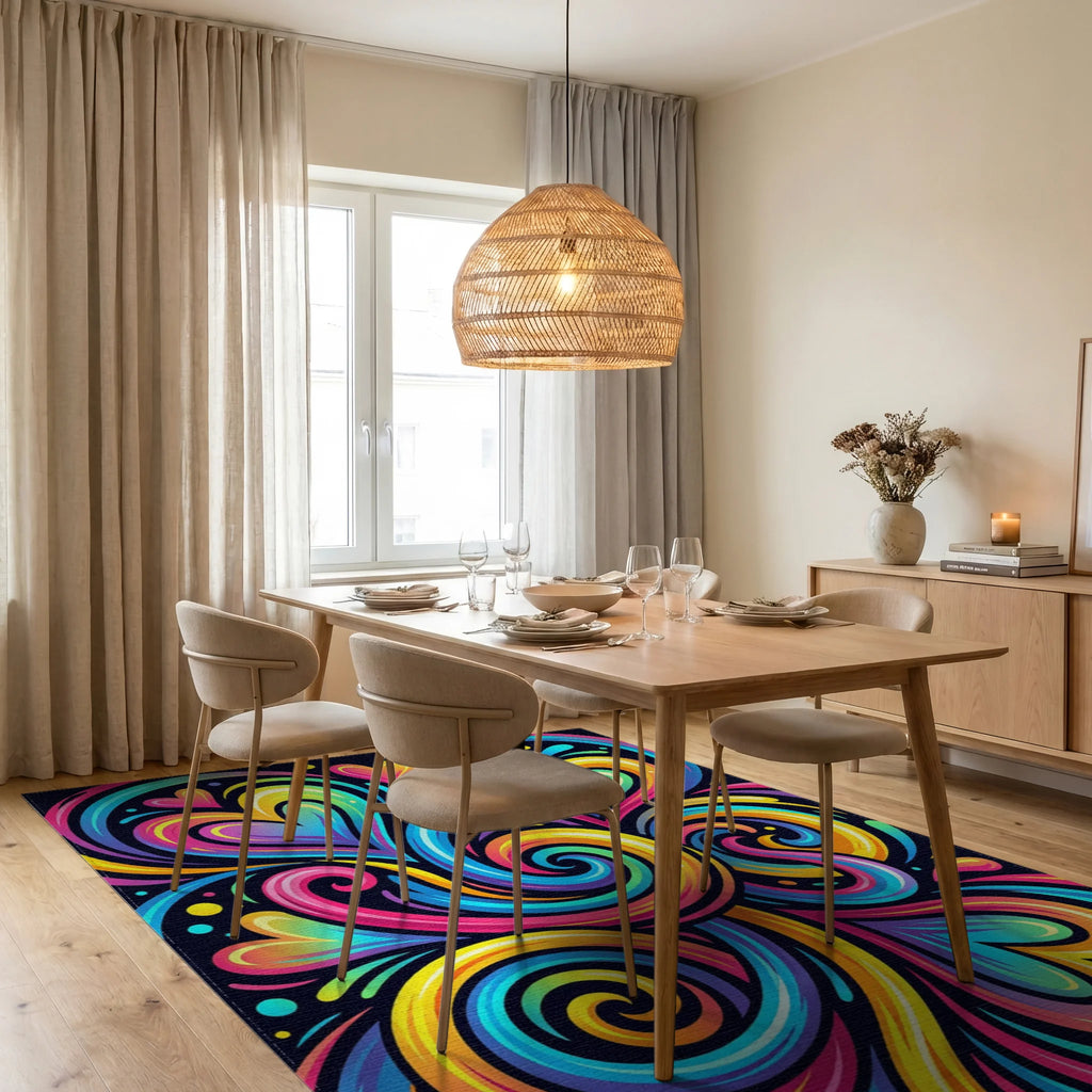 Vibrant Rainbow Swirl Hearts Rug Dining Room View