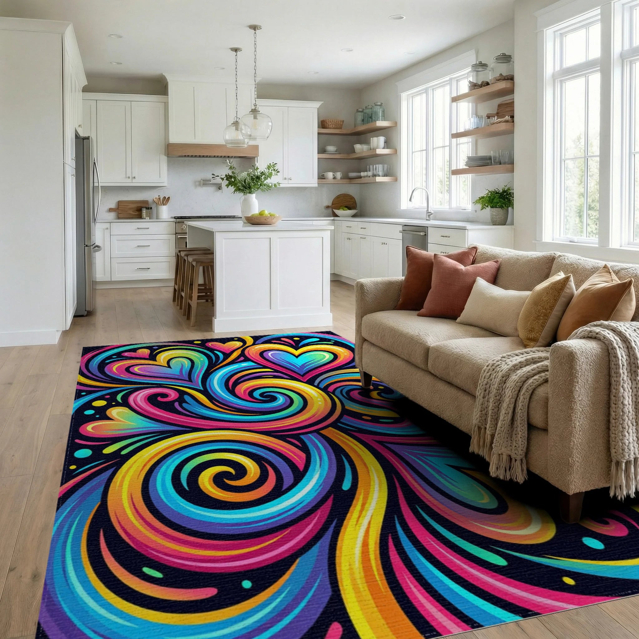 Vibrant Rainbow Swirl Hearts Rug Living Room View