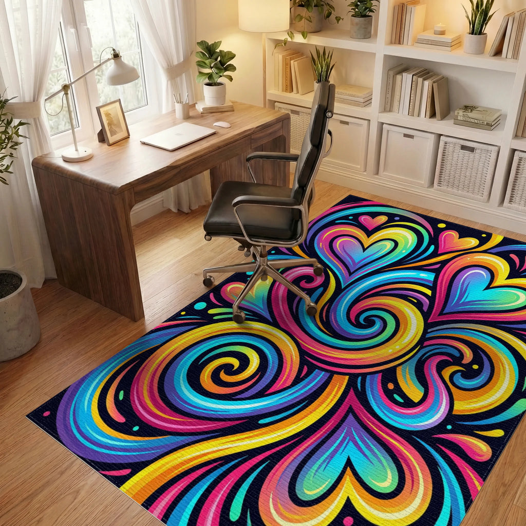 Vibrant Rainbow Swirl Hearts Rug Office View
