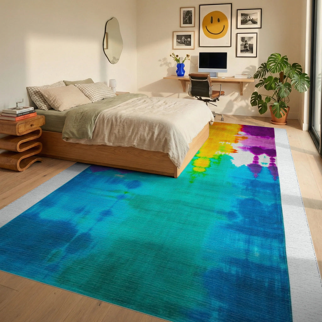 Vibrant Rainbow Tie Dye Streaks Rug - Bedroom View