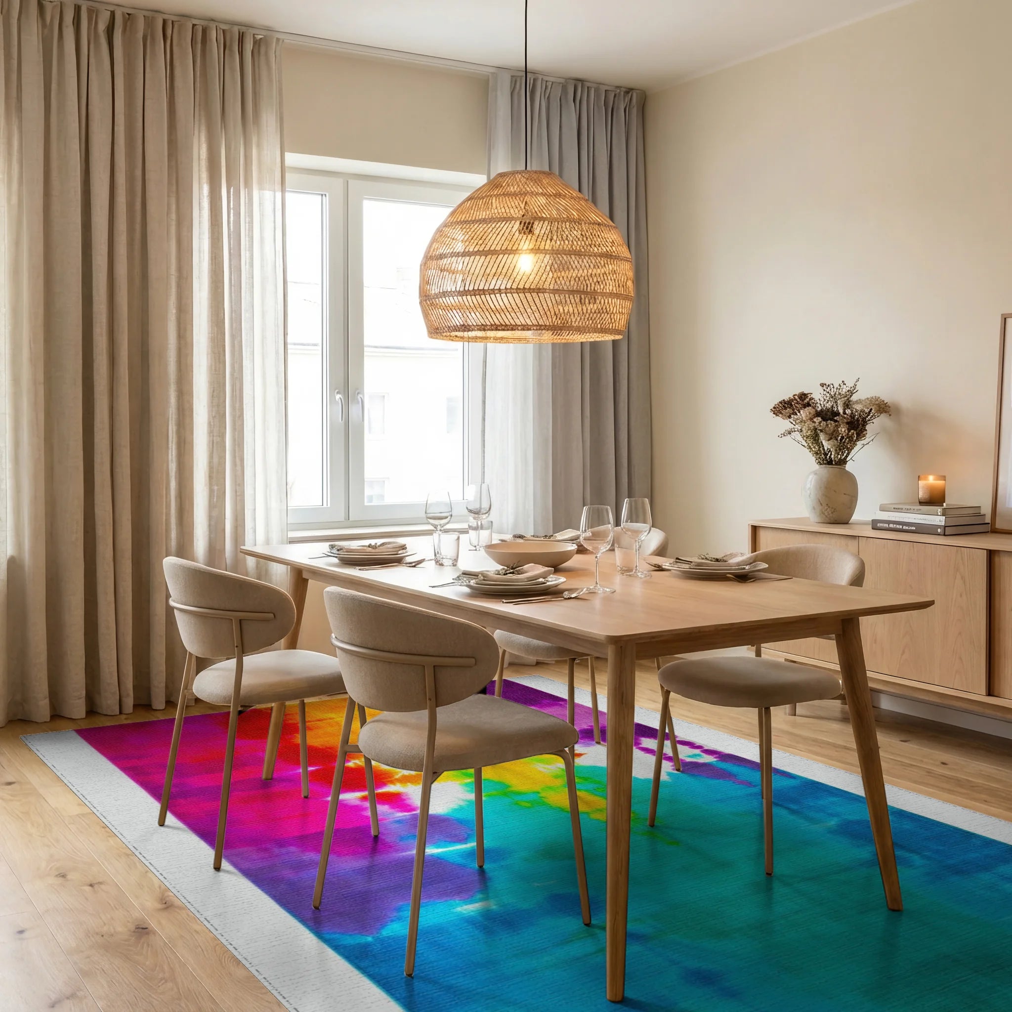 Vibrant Rainbow Tie Dye Streaks Rug - Dining Room View