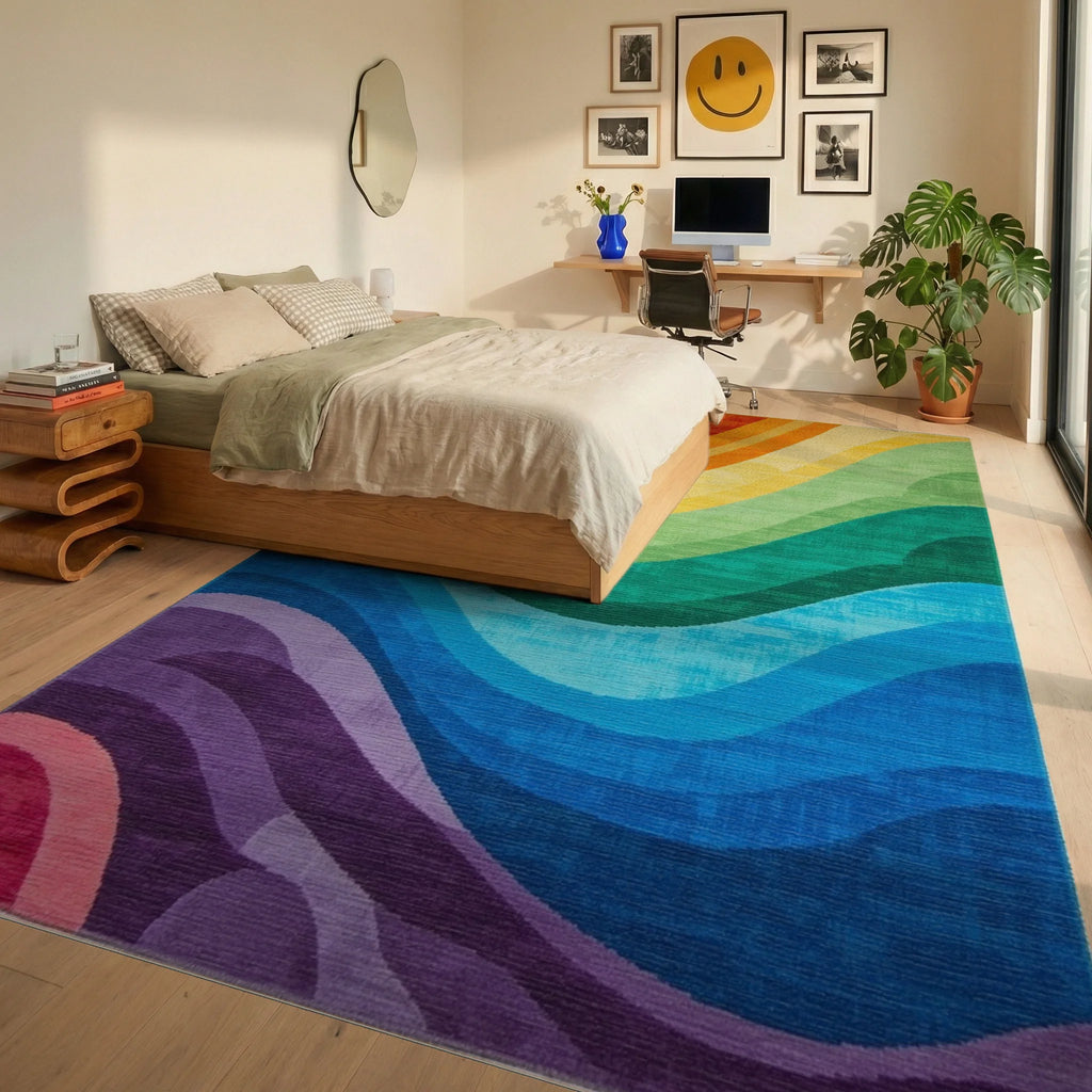 Vibrant Rainbow Wave Pattern Rug - Bedroom View
