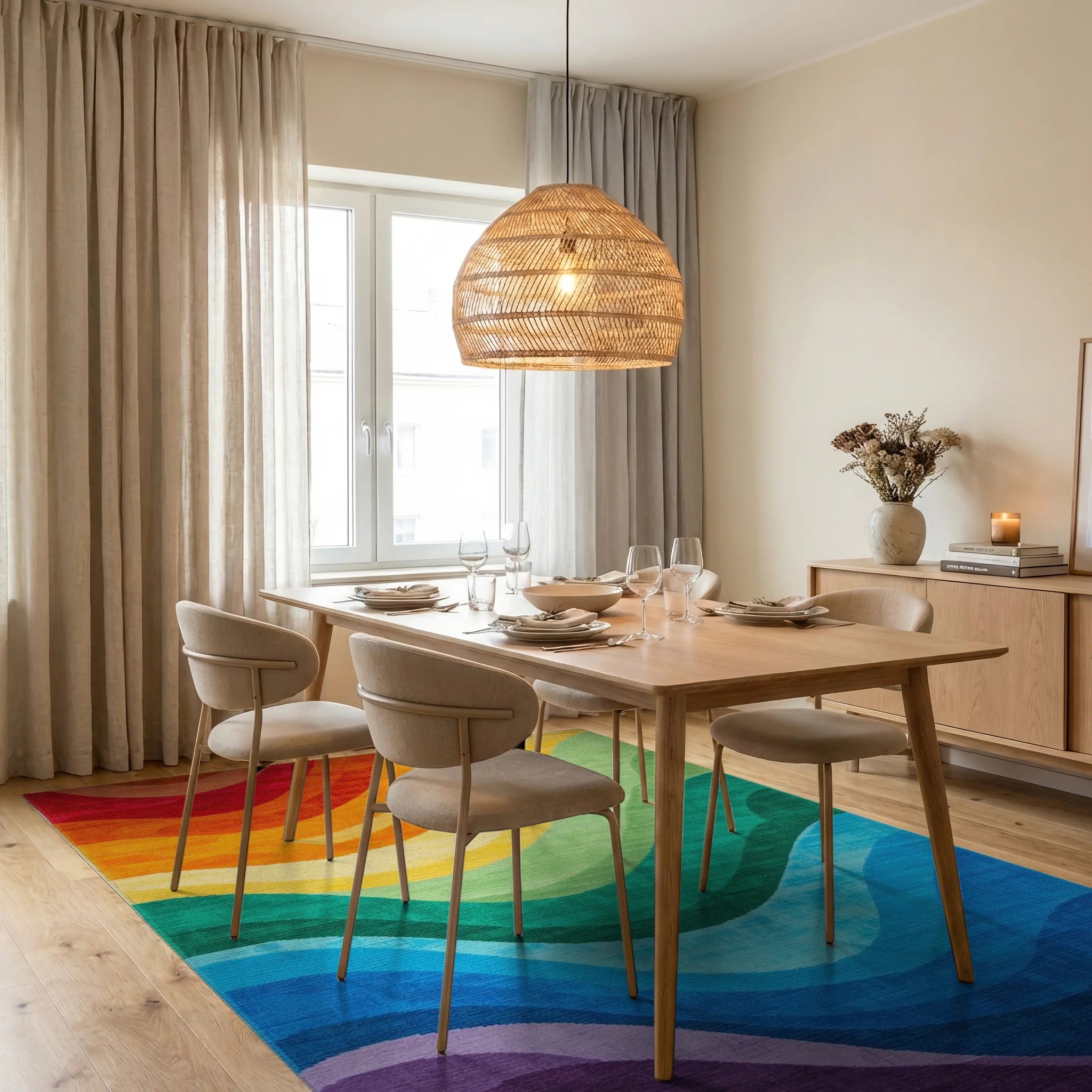 Vibrant Rainbow Wave Pattern Rug - Dining Room View