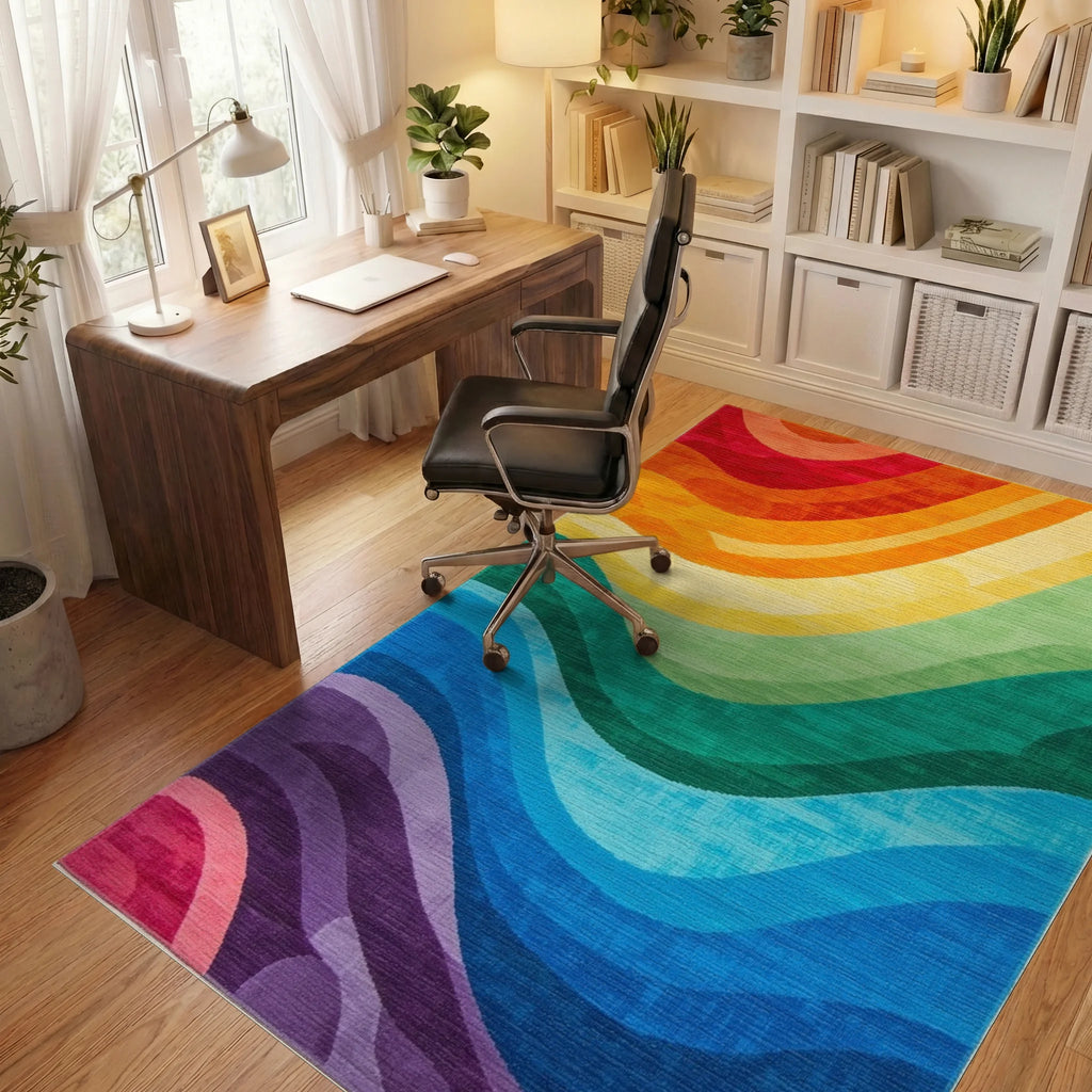 Vibrant Rainbow Wave Pattern Rug - Office View