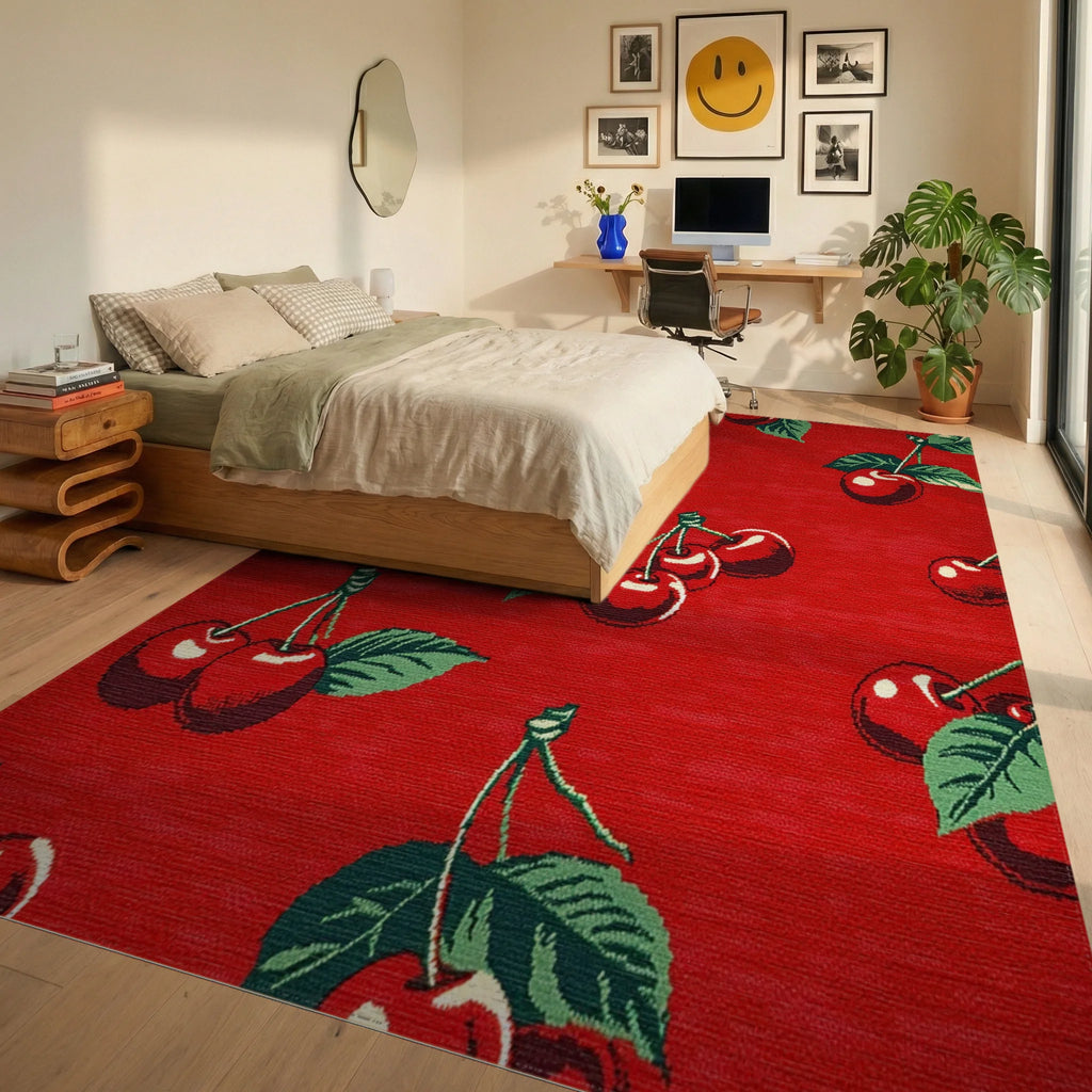 Vibrant Red Cherry Blossom Garden Rug - Bedroom View