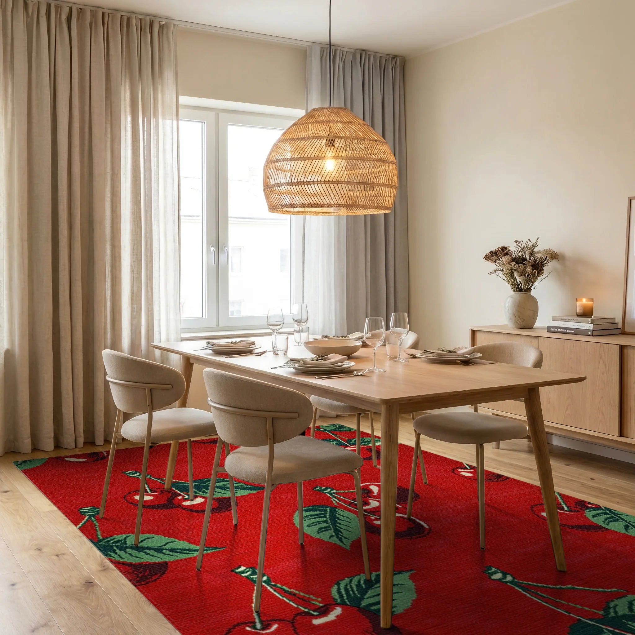 Vibrant Red Cherry Blossom Garden Rug - Dining Room View
