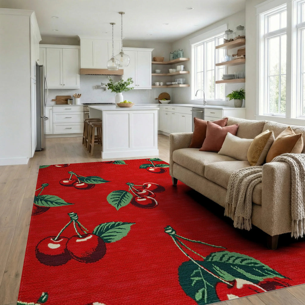 Vibrant Red Cherry Blossom Garden Rug - Living Room View