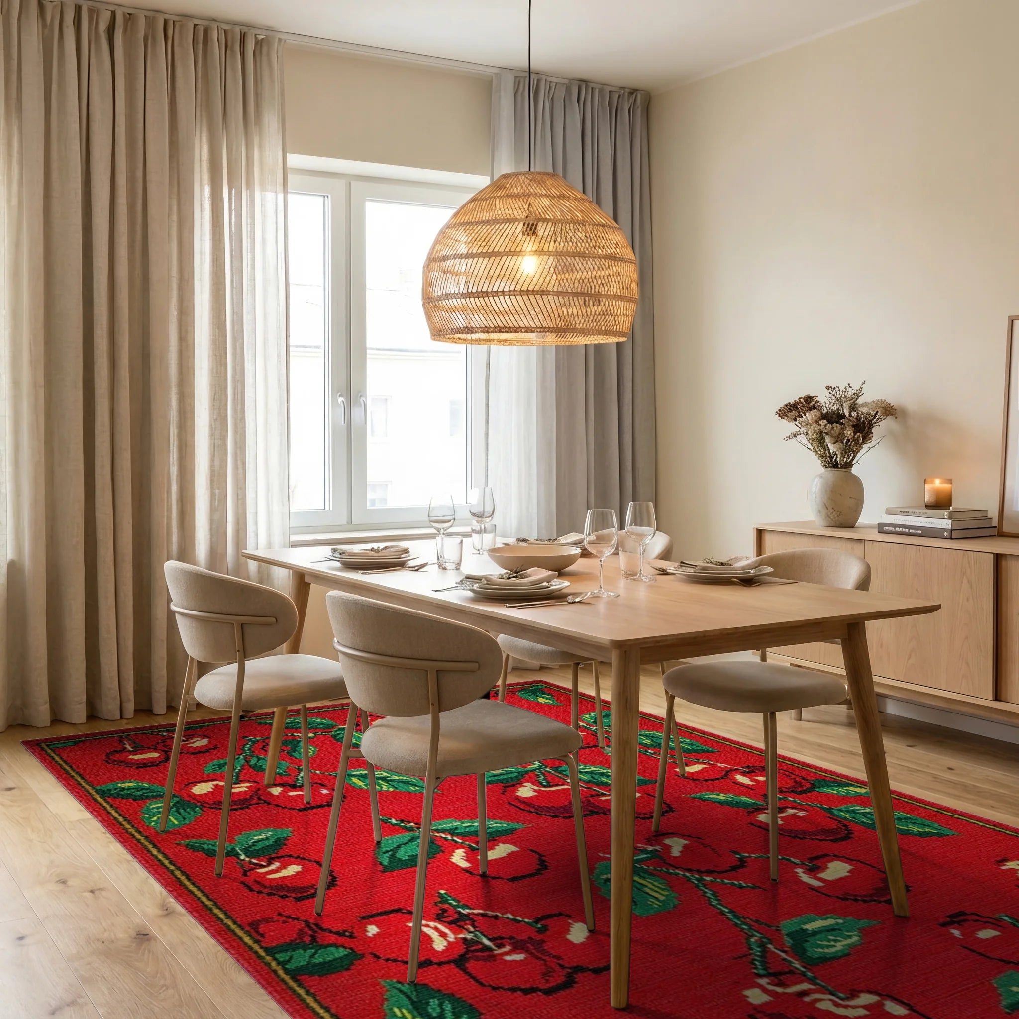 Vibrant Red Cherry Branch All Over Rug - Dining Room View