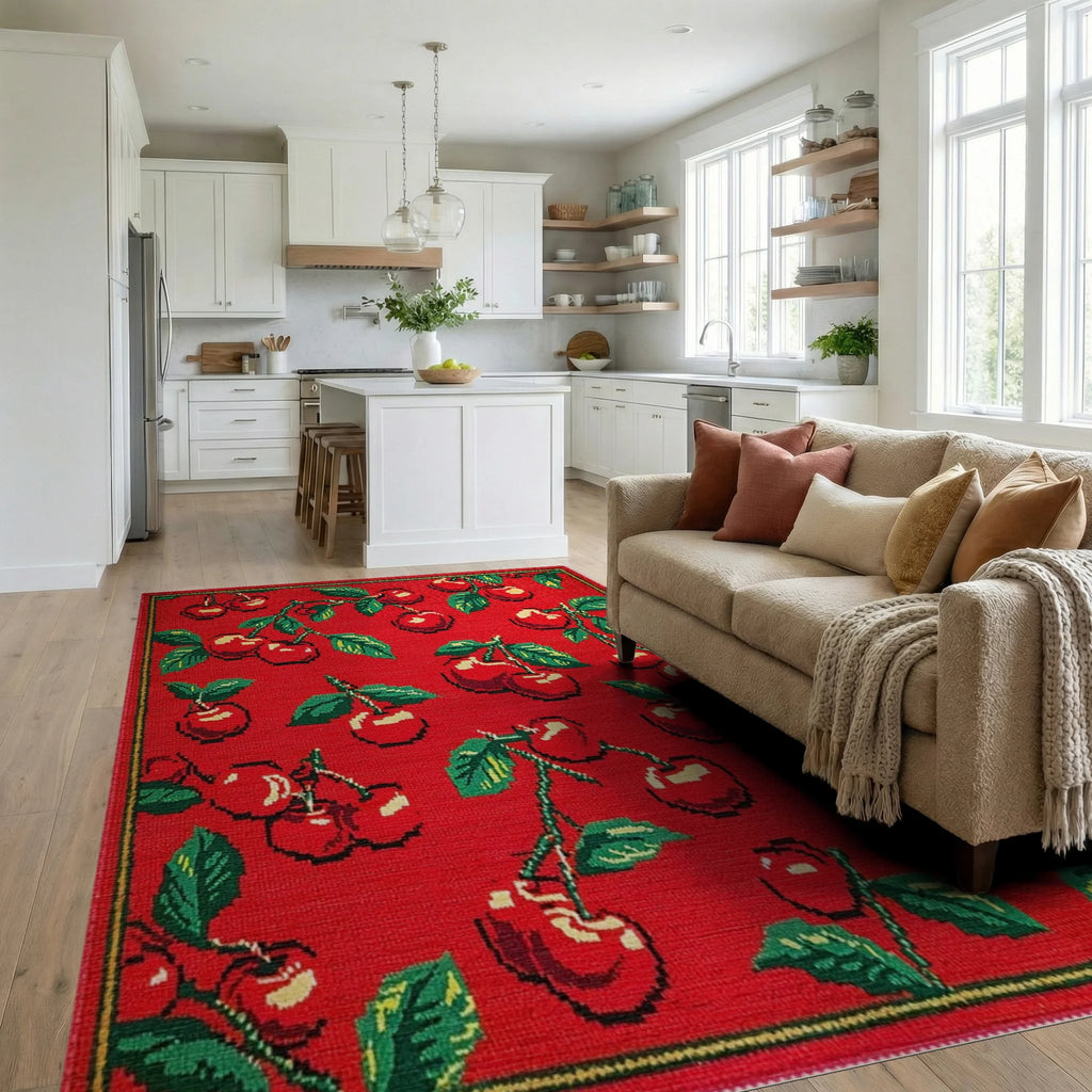 Vibrant Red Cherry Branch All Over Rug - Living Room View