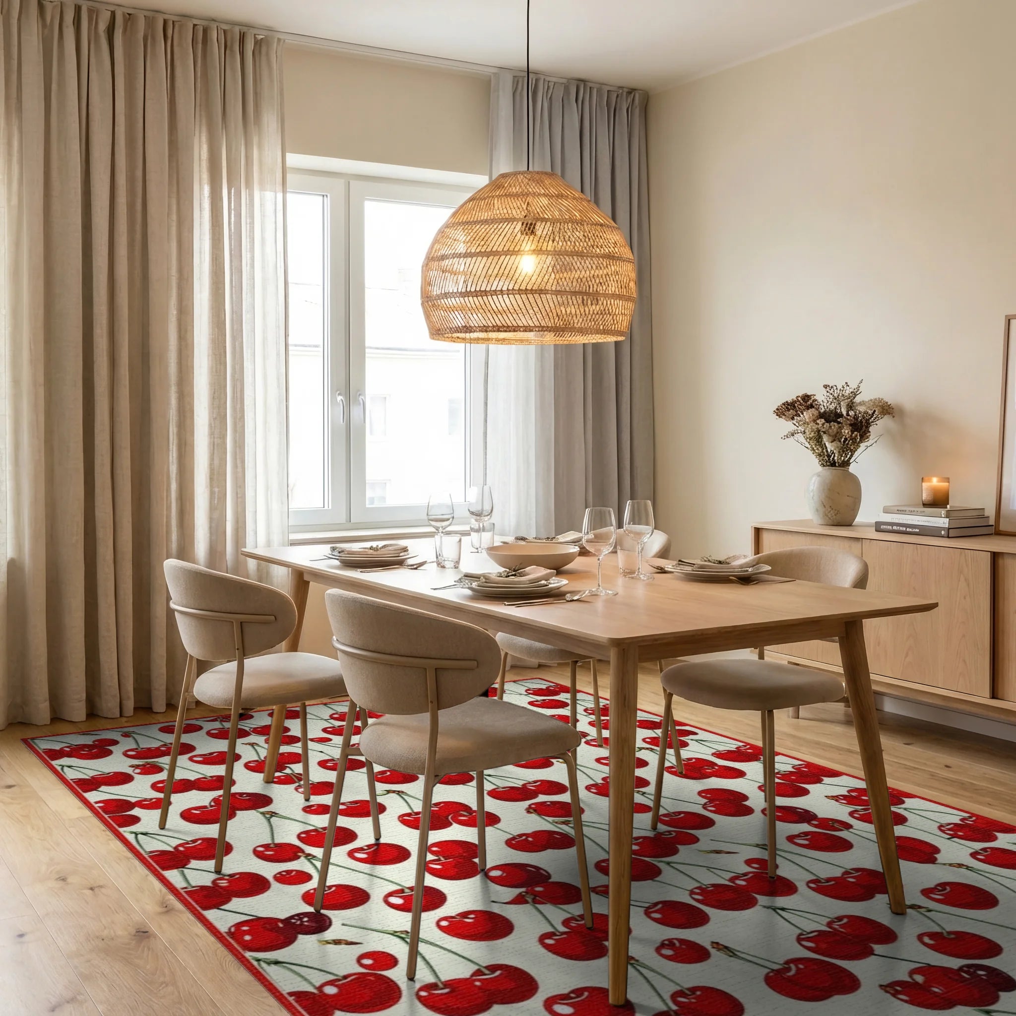 Vibrant Red Cherry Whimsical Rug Dining Room View