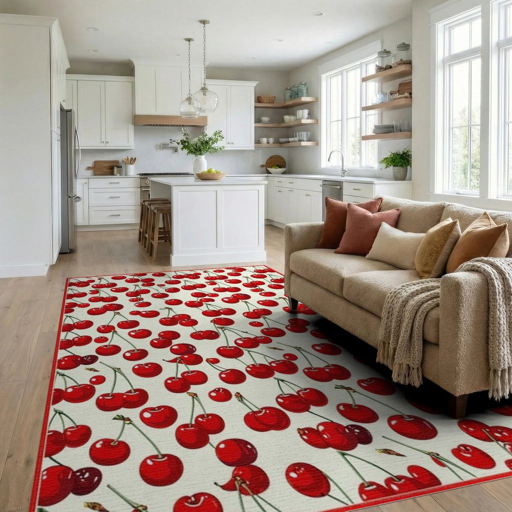 Vibrant Red Cherry Whimsical Rug Living Room View