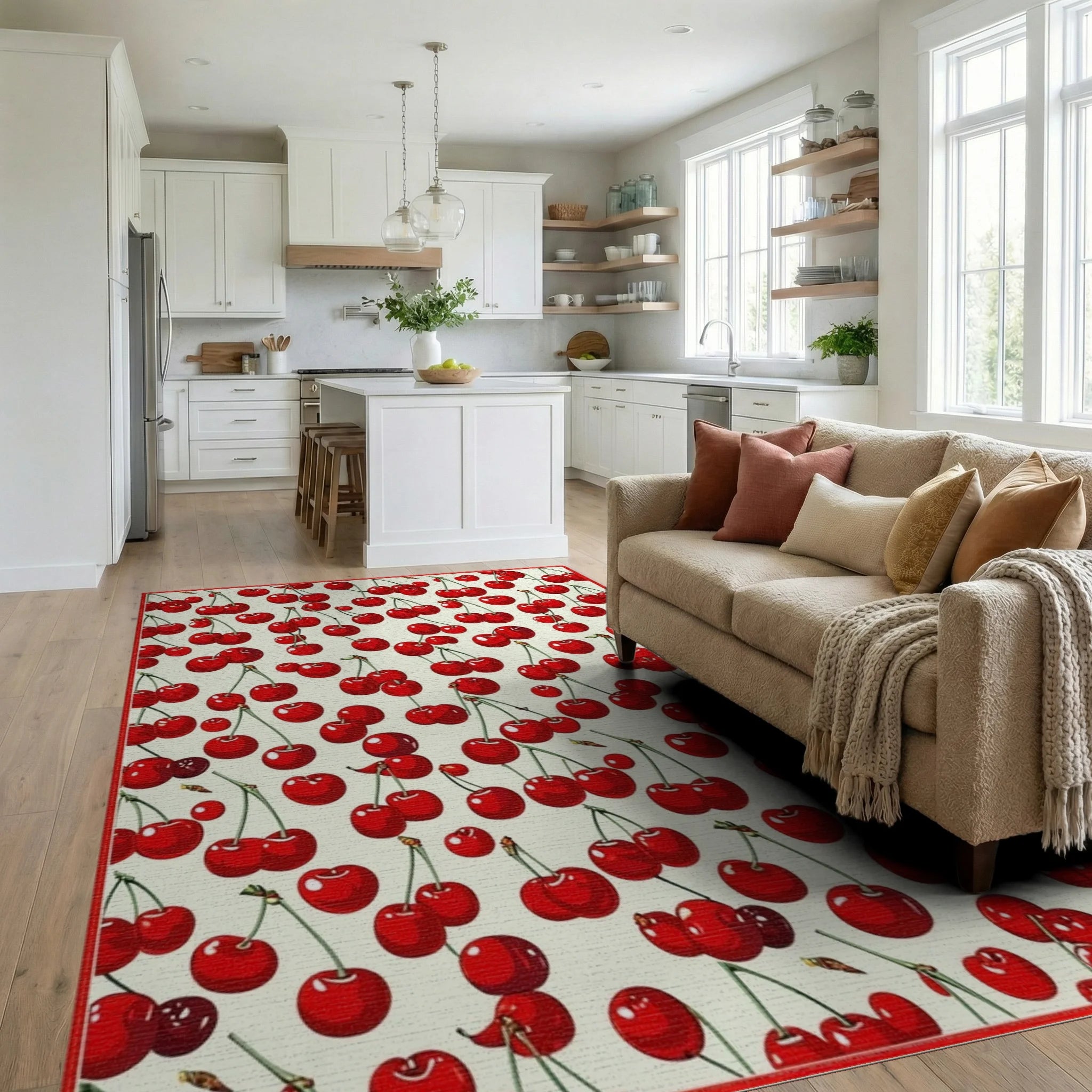 Vibrant Red Cherry Whimsical Rug Living Room View