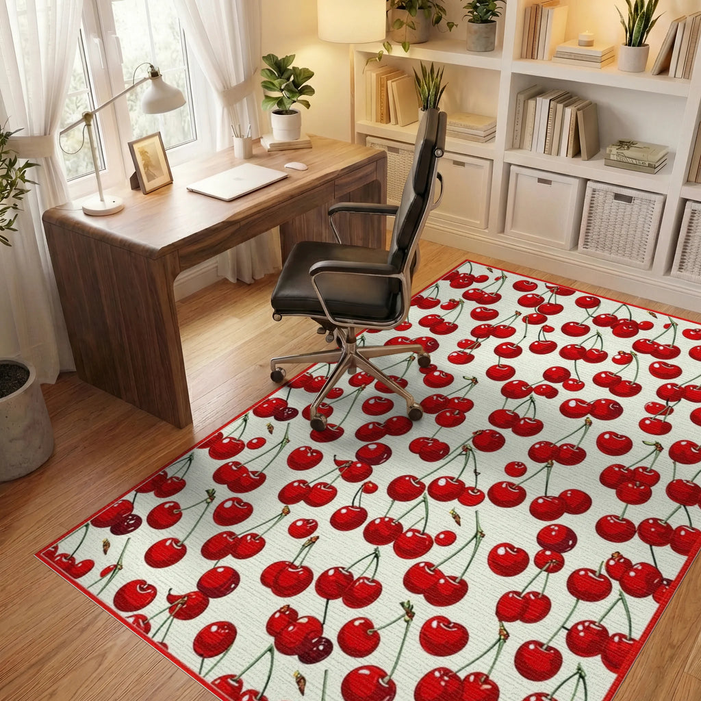 Vibrant Red Cherry Whimsical Rug Office View