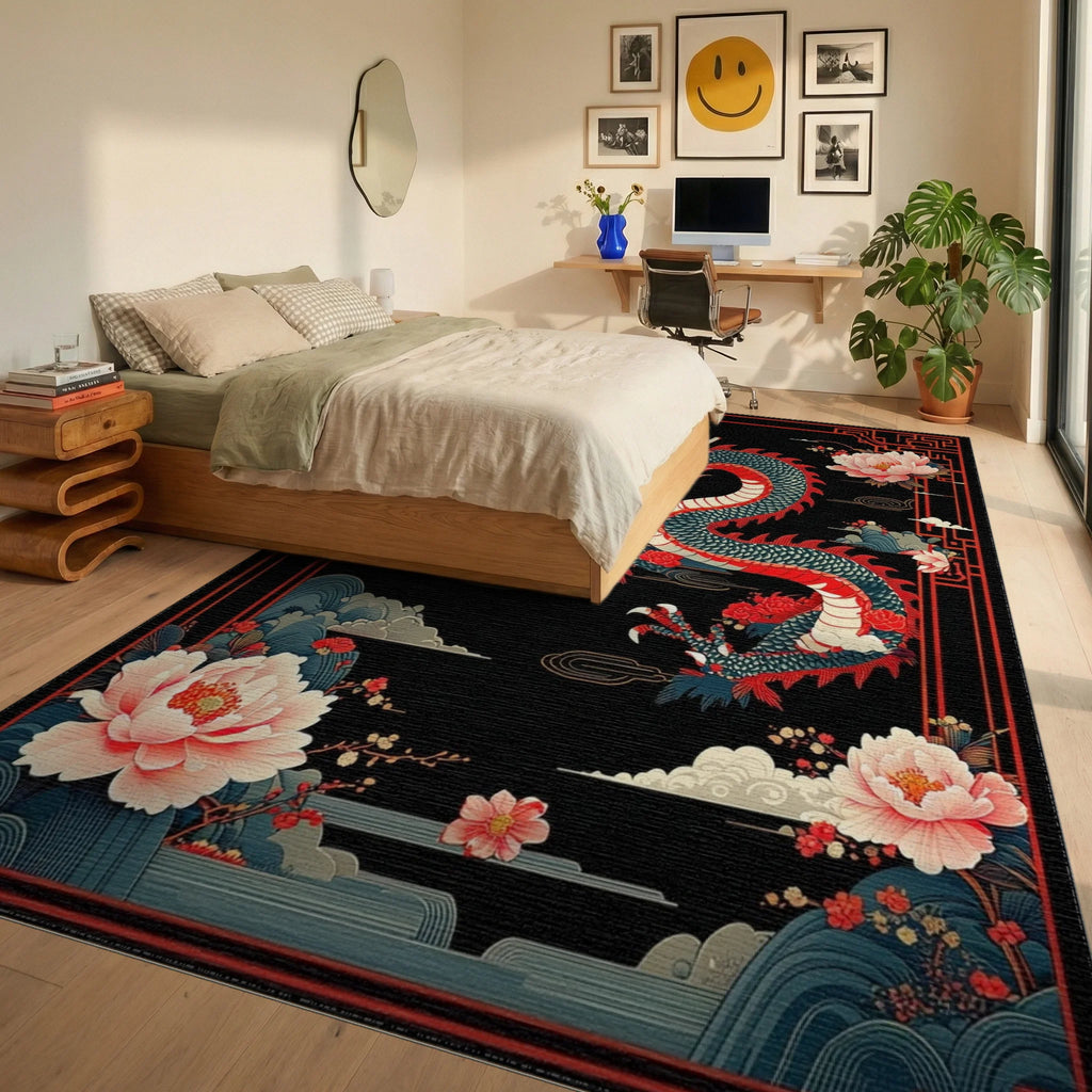Vibrant Red Dragon Peony Clouds Rug - Bedroom View