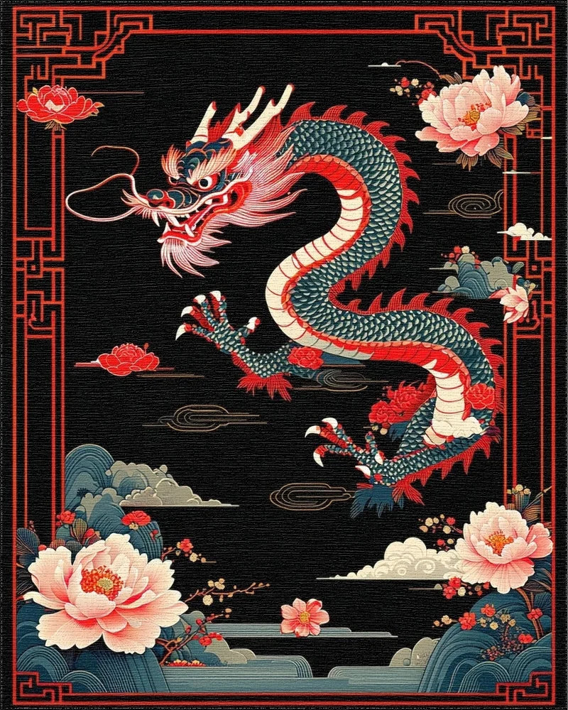 Vibrant Red Dragon Peony Clouds Rug - Cutout View