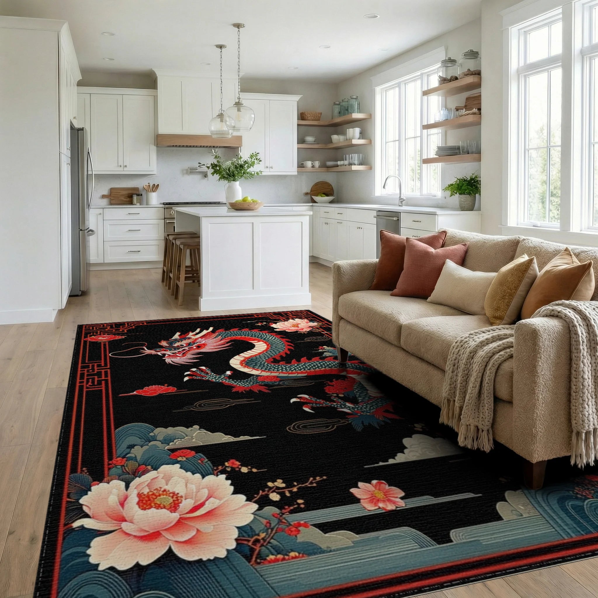 Vibrant Red Dragon Peony Clouds Rug - Living Room View