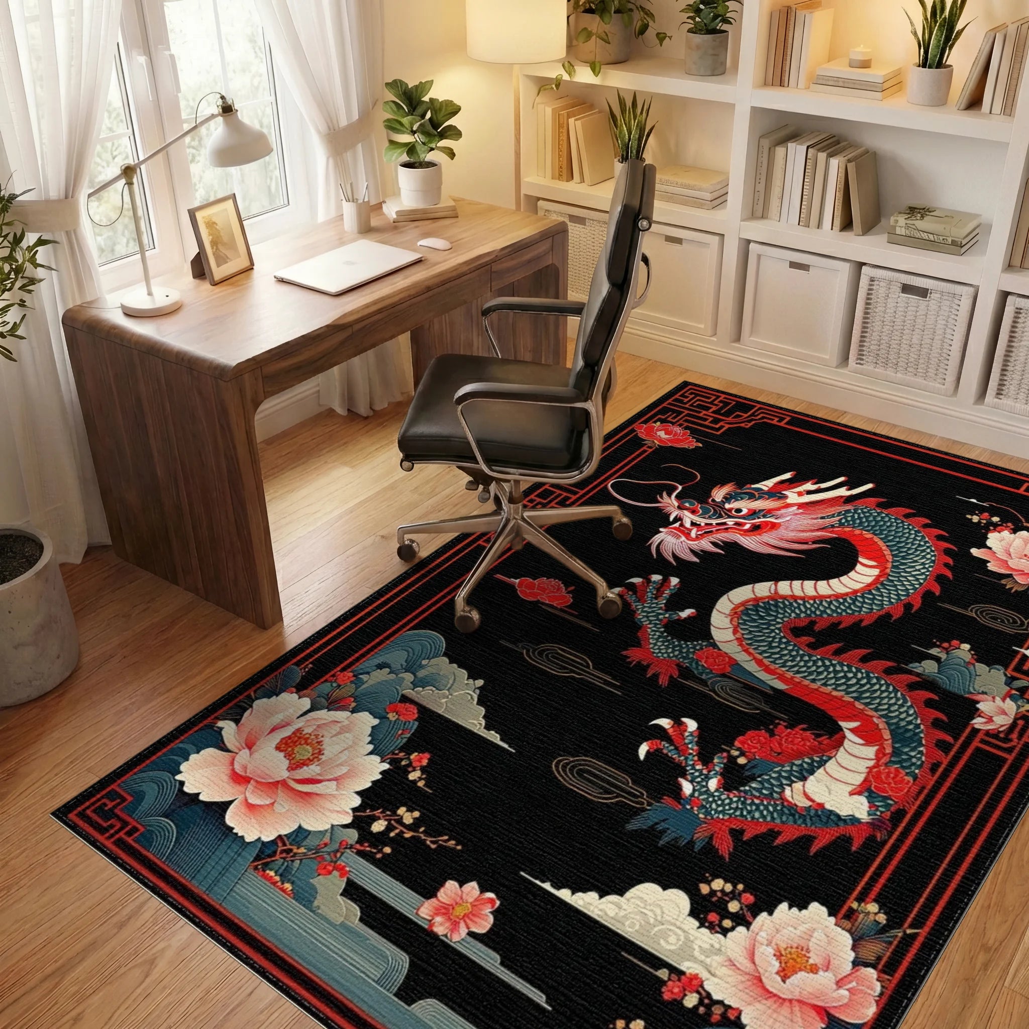Vibrant Red Dragon Peony Clouds Rug - Office View