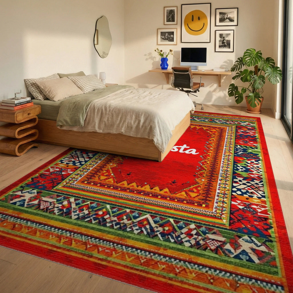 Vibrant Red Festive Tribal Border Rug - Bedroom View