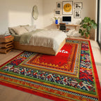 Vibrant Red Festive Tribal Border Rug - Bedroom View