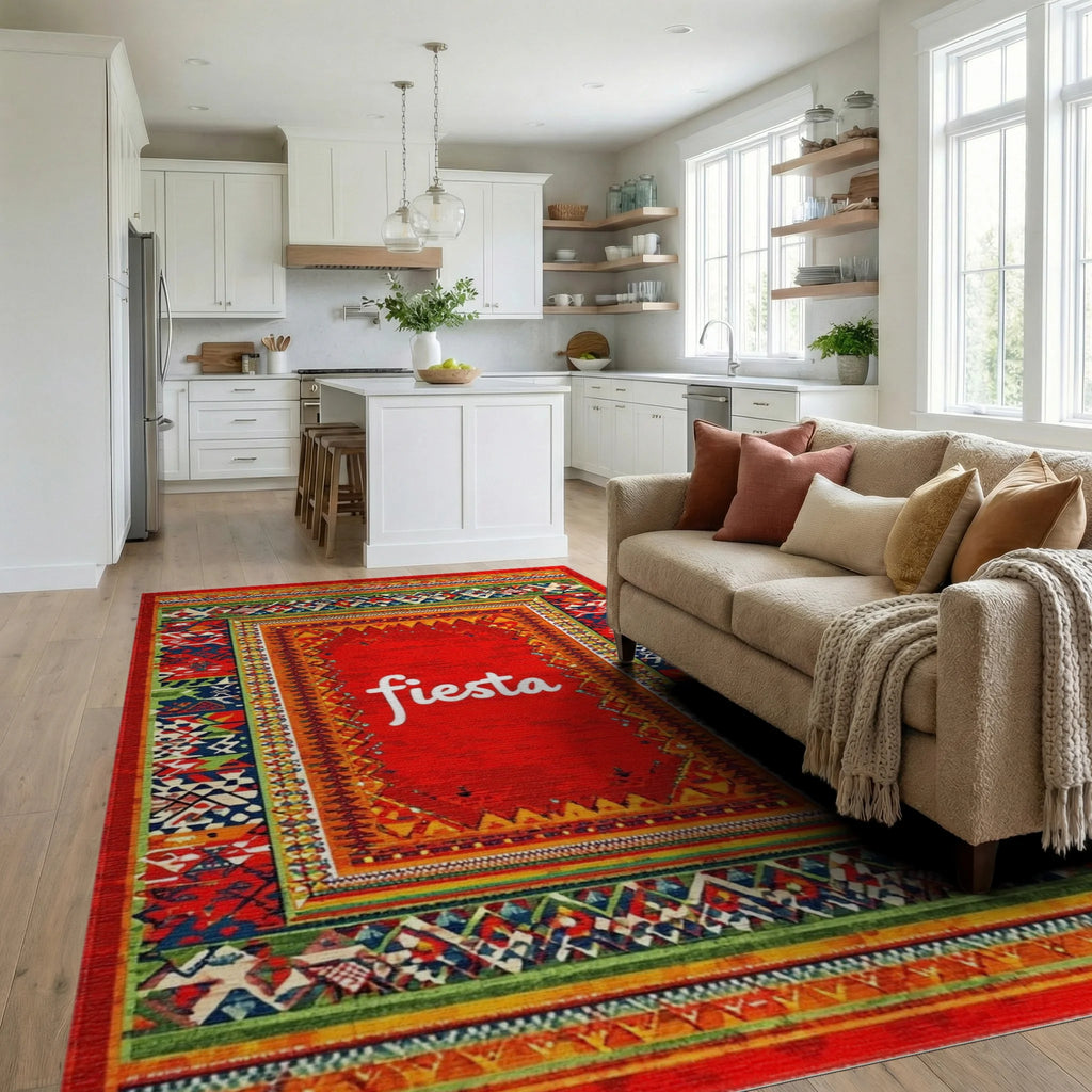 Vibrant Red Festive Tribal Border Rug - Living Room View
