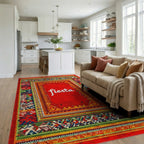 Vibrant Red Festive Tribal Border Rug - Living Room View