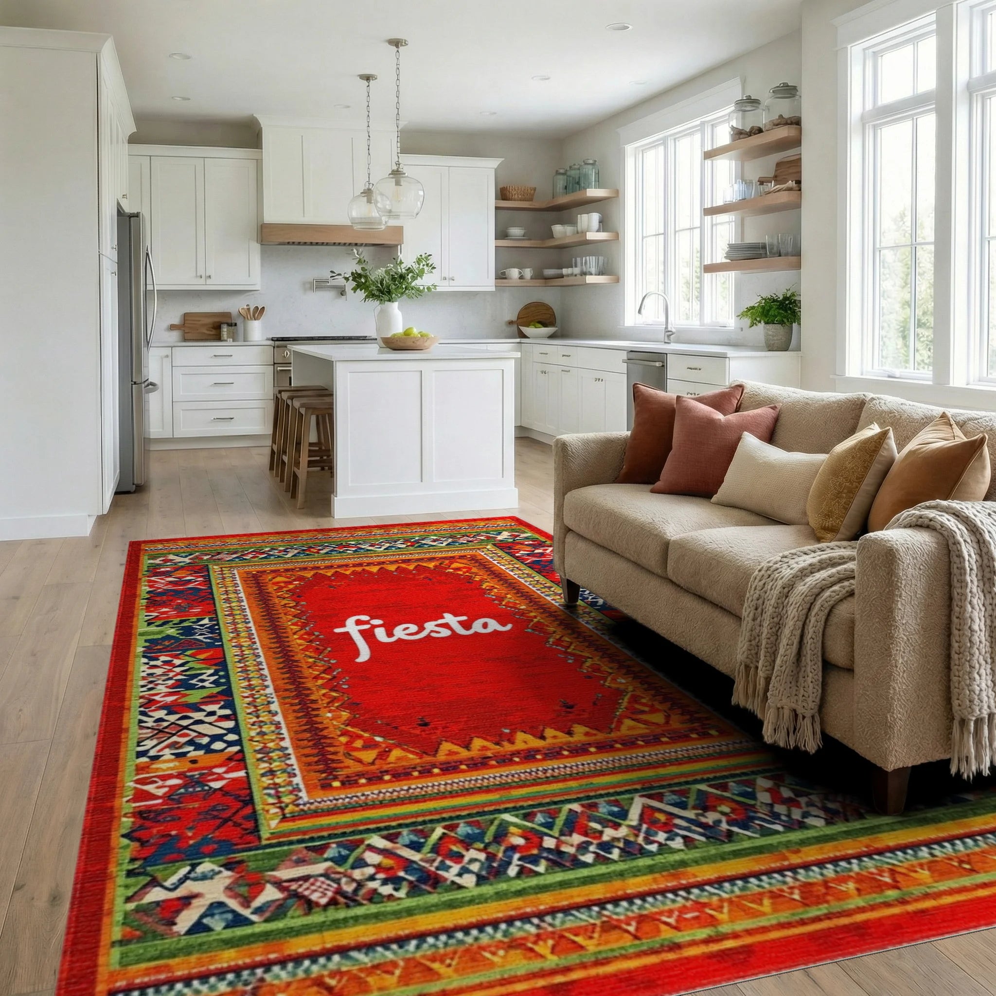 Vibrant Red Festive Tribal Border Rug - Living Room View