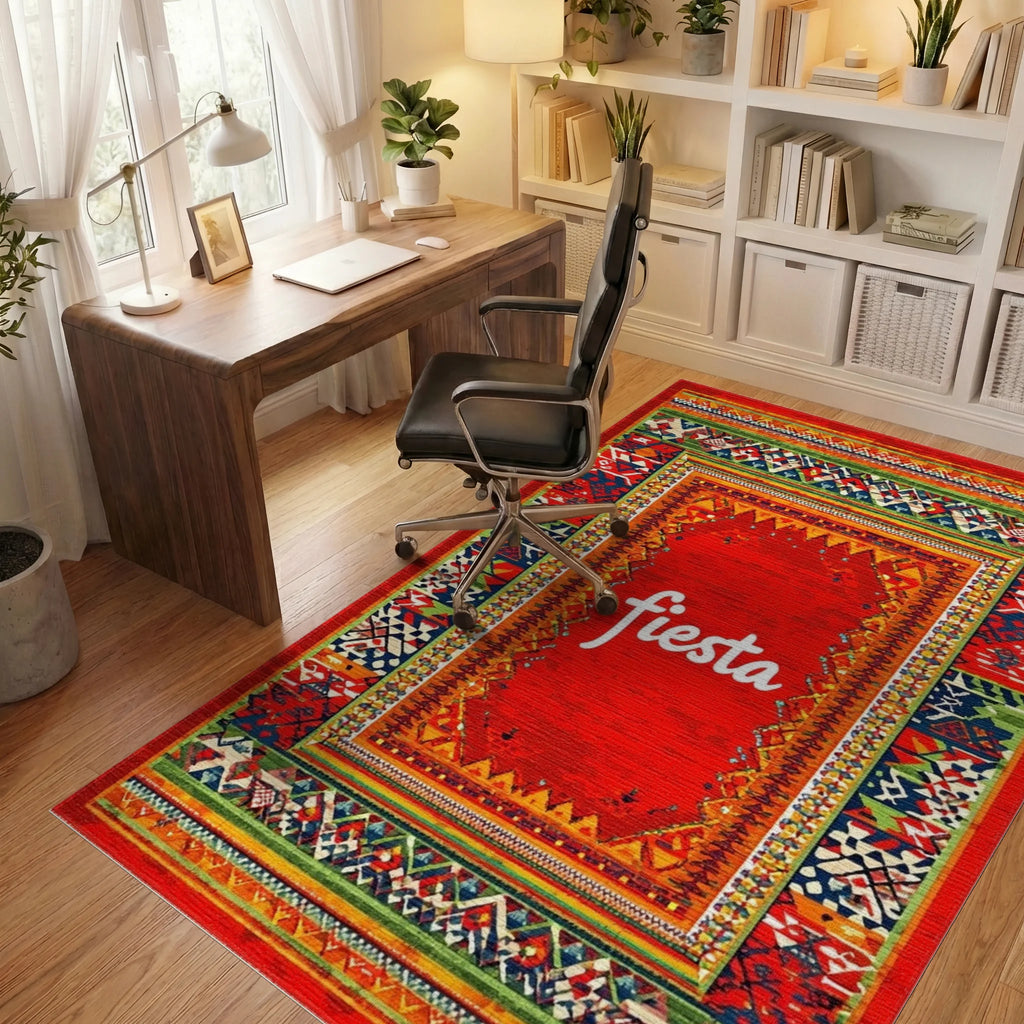 Vibrant Red Festive Tribal Border Rug - Office View