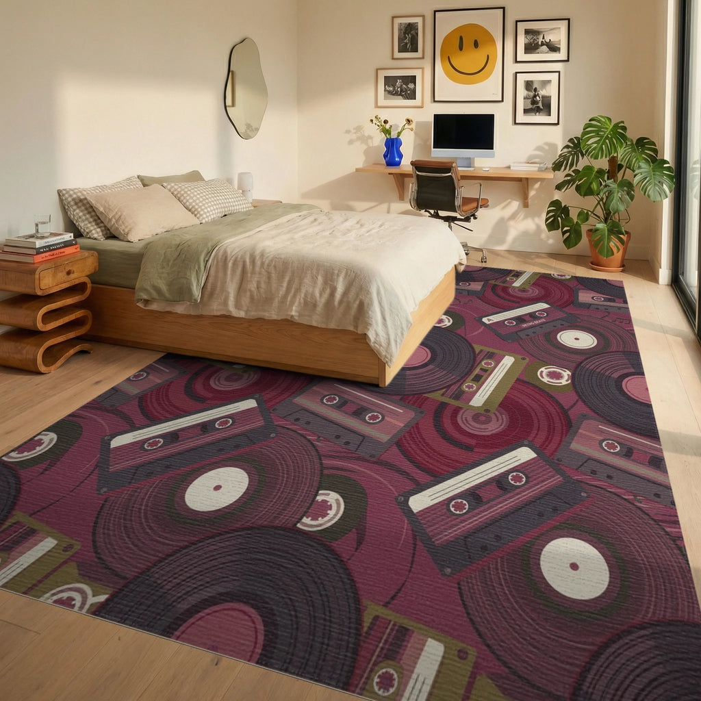 Vibrant Retro Cassette Vinyl Rug Bedroom View