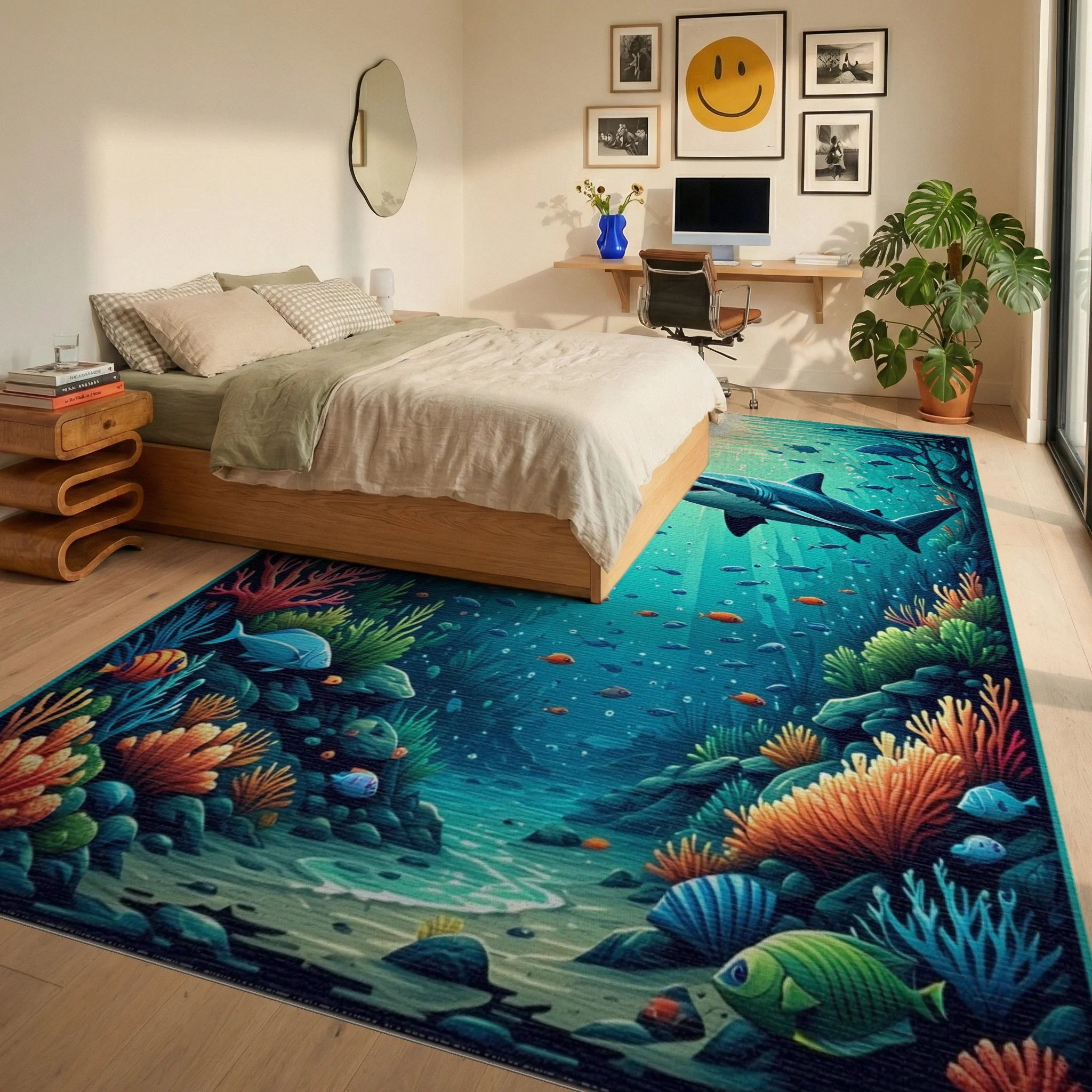 Vibrant Sharks Coral Sunlit Depths Rug - Bedroom View