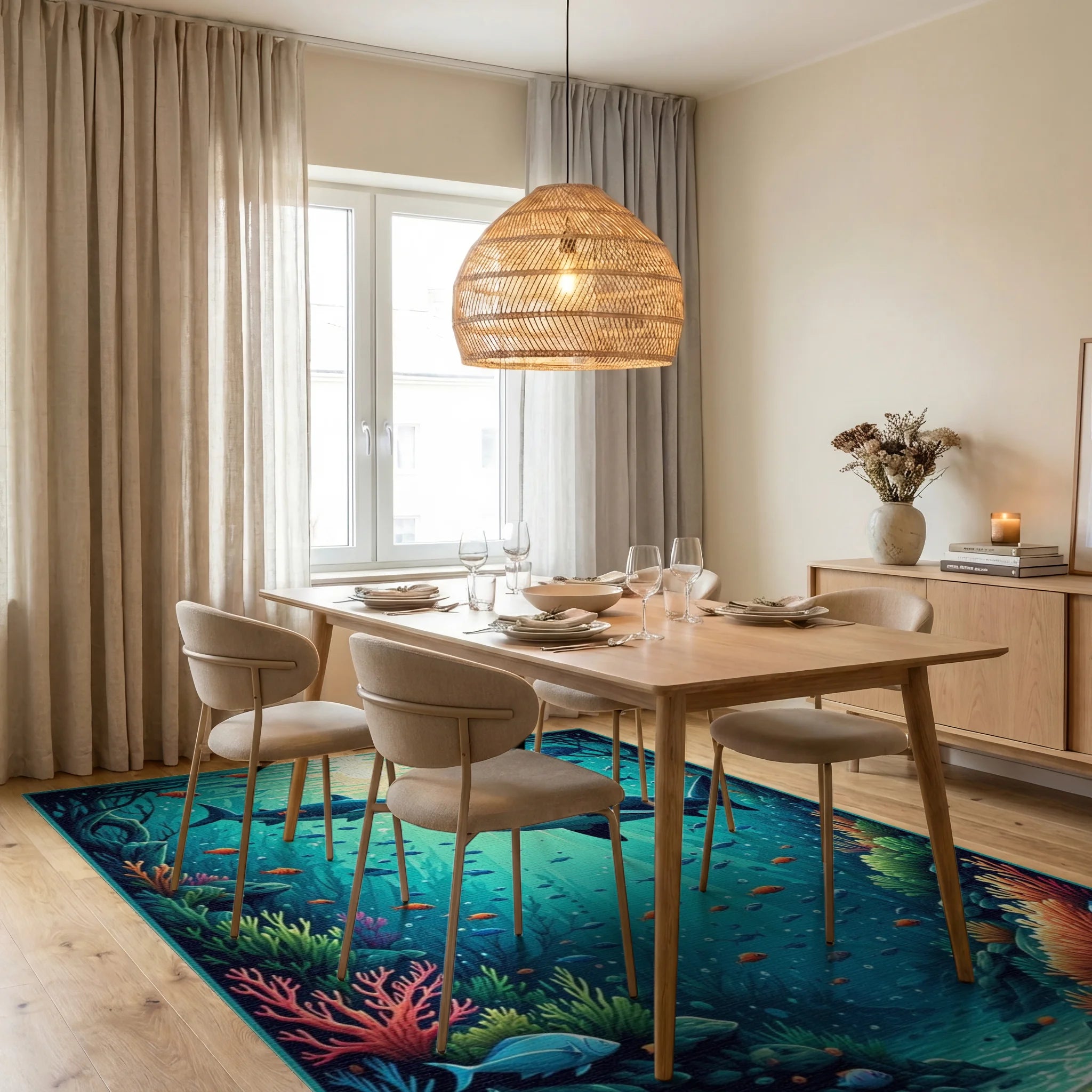 Vibrant Sharks Coral Sunlit Depths Rug - Dining Room View