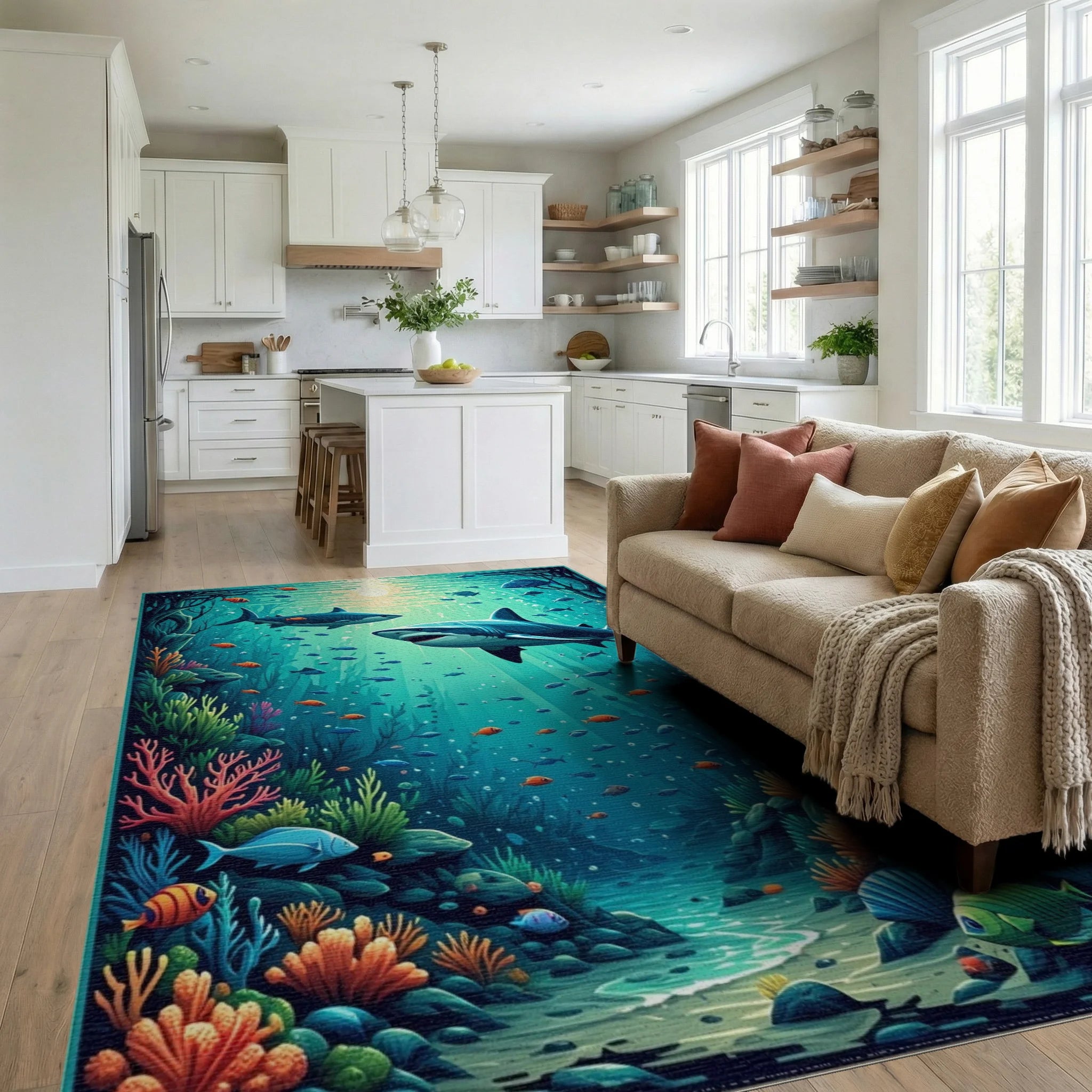 Vibrant Sharks Coral Sunlit Depths Rug - Living Room View