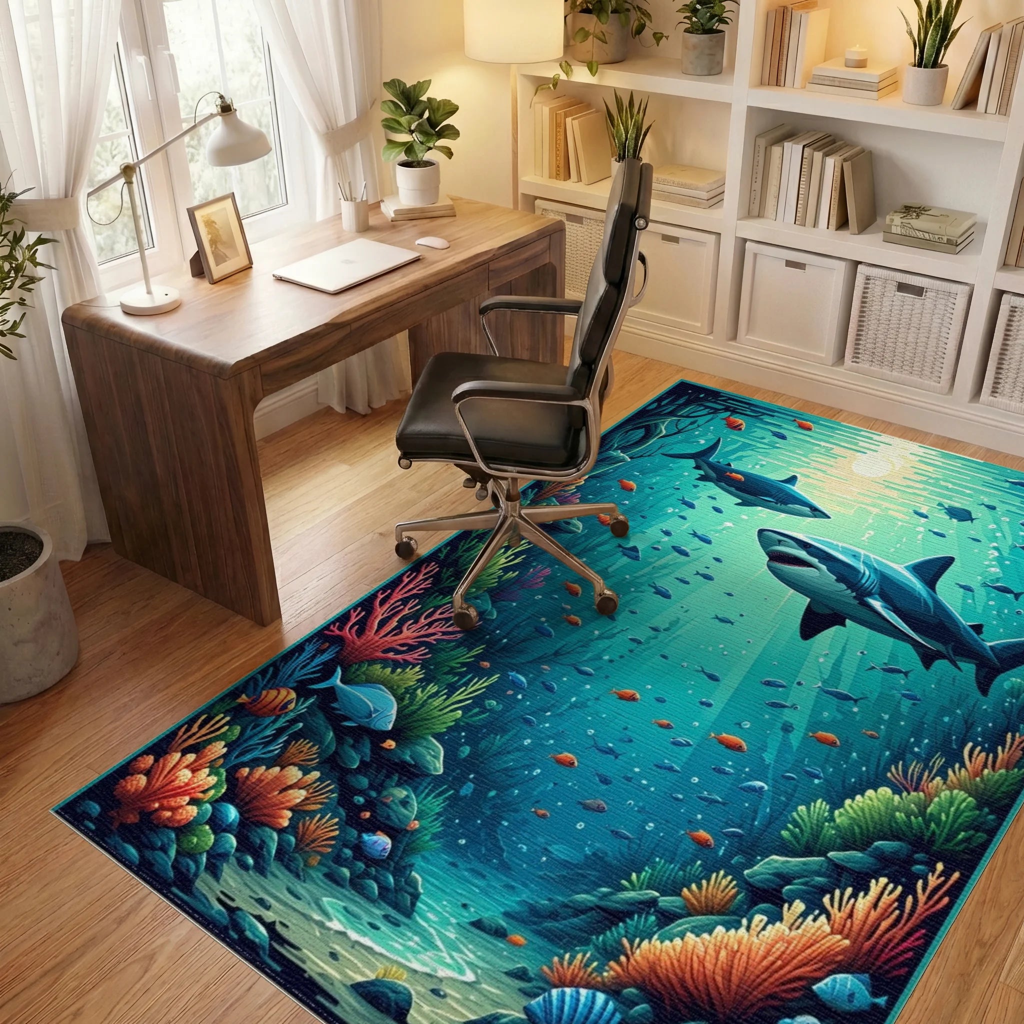 Vibrant Sharks Coral Sunlit Depths Rug - Office View