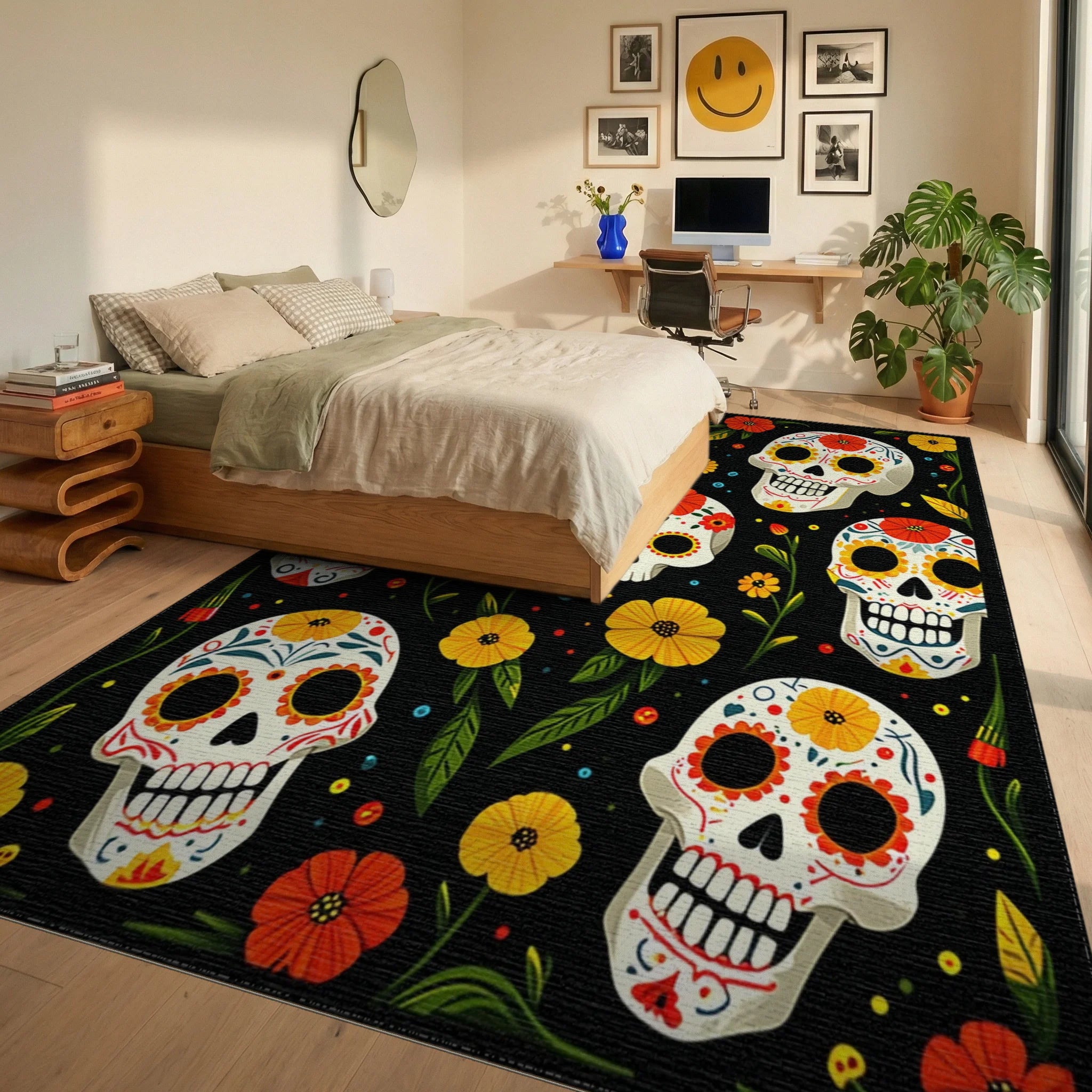 Vibrant Skull Floral Day of the Dead Rug Bedroom View