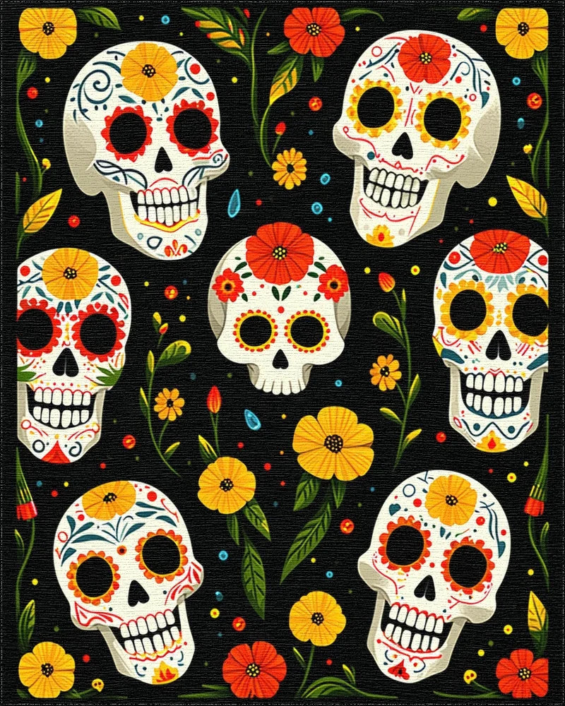 Vibrant Skull Floral Day of the Dead Rug - Cutout View