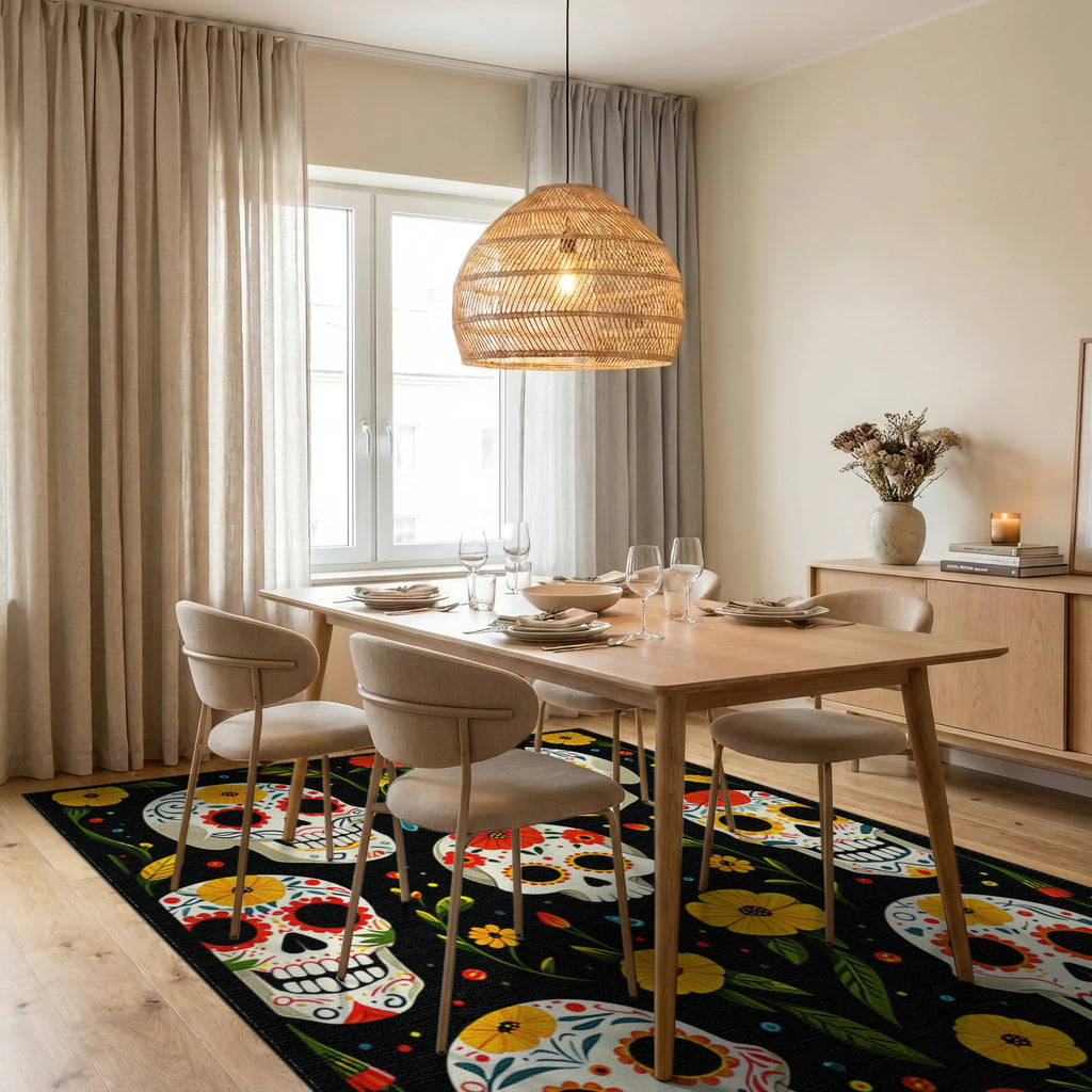 Vibrant Skull Floral Day of the Dead Rug Dining Room View