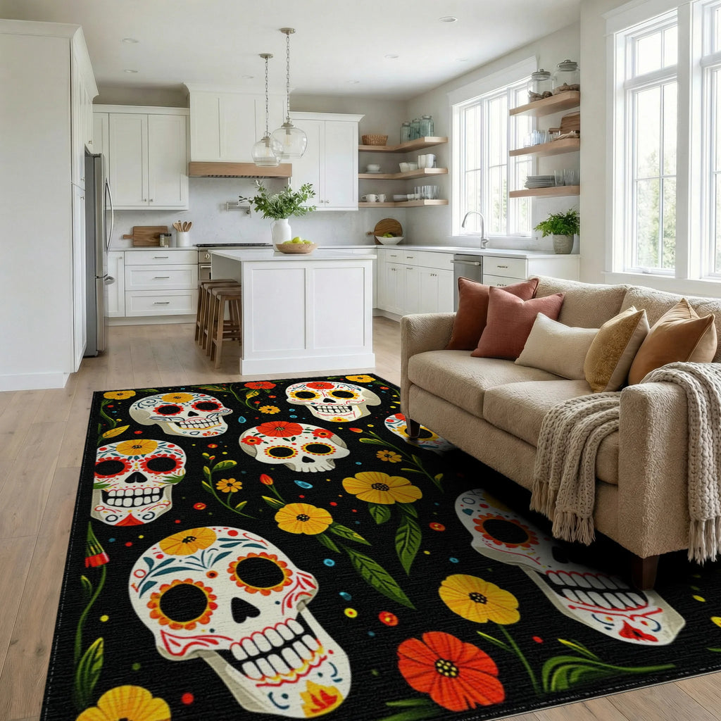 Vibrant Skull Floral Day of the Dead Rug Living Room View