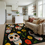 Vibrant Skull Floral Day of the Dead Rug Living Room View