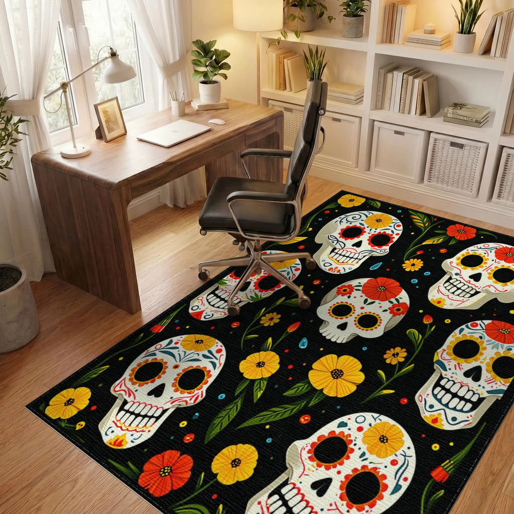 Vibrant Skull Floral Day of the Dead Rug Office View