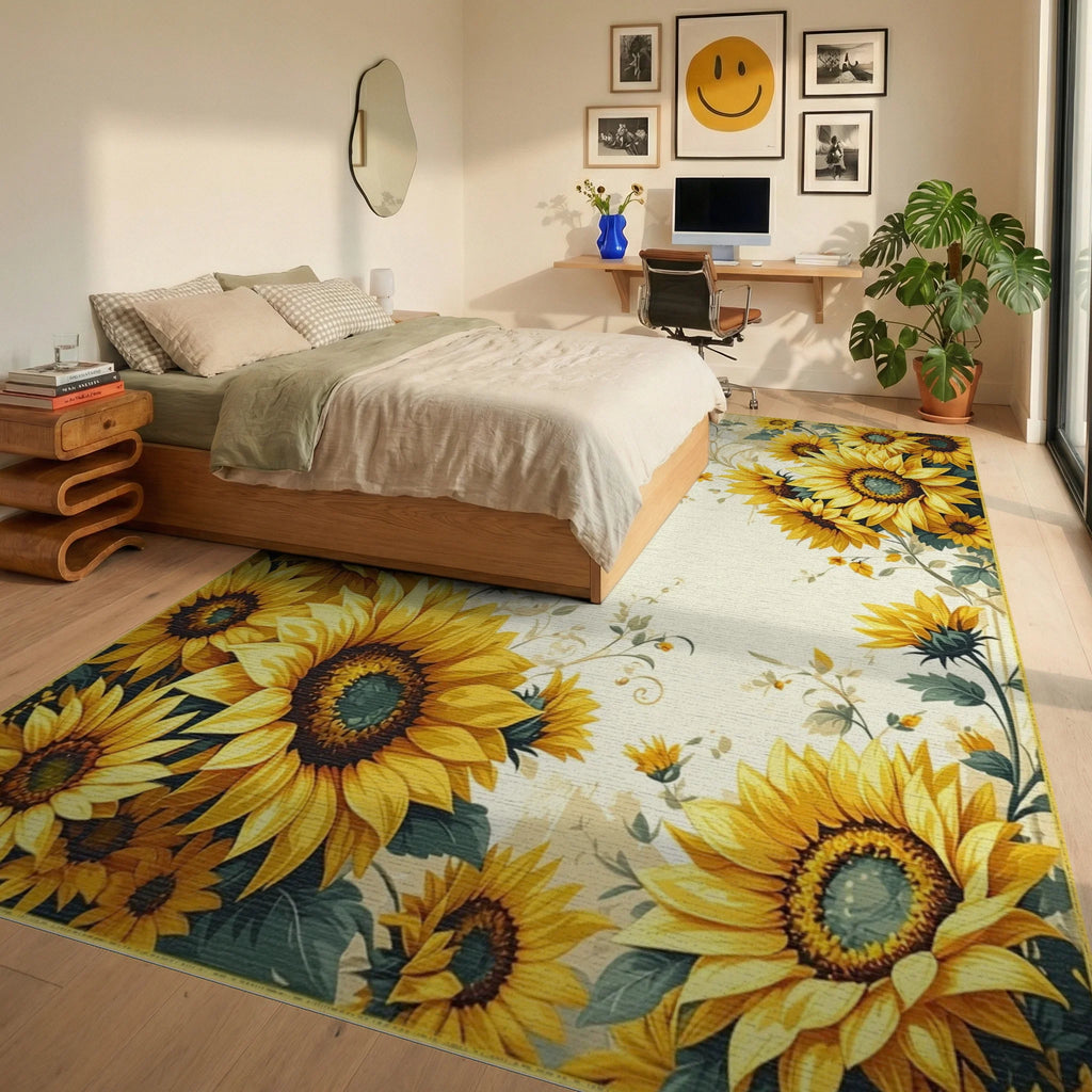 Vibrant Sunflower Vine Distressed Rug - Bedroom View